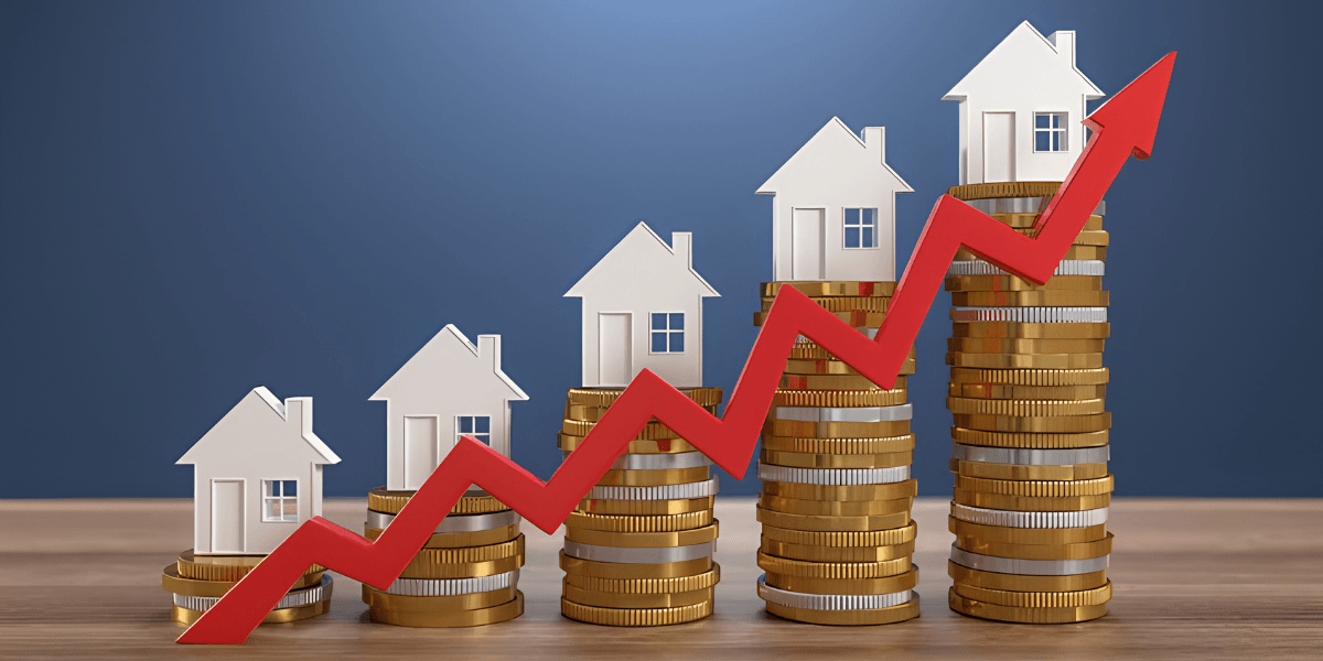 Growing real estate market represented by houses and stacked coins with an upward trend arrow
