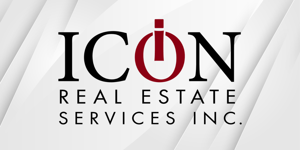 ICON Real Estate Services logo on a gray geometric background with a red power-button icon replacing the letter O.