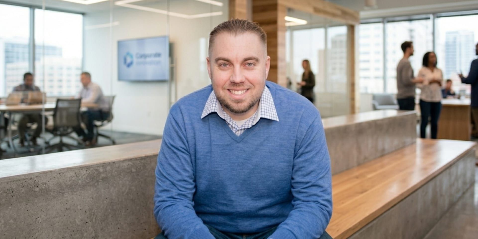 Professional realtor smiling in modern office, coworkers blurred in background, bright corporate workspace.