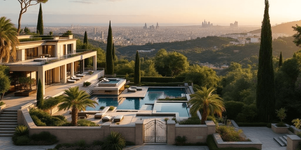 A luxurious villa with multiple pools, palm trees, and a panoramic view of the city and mountains at sunset.