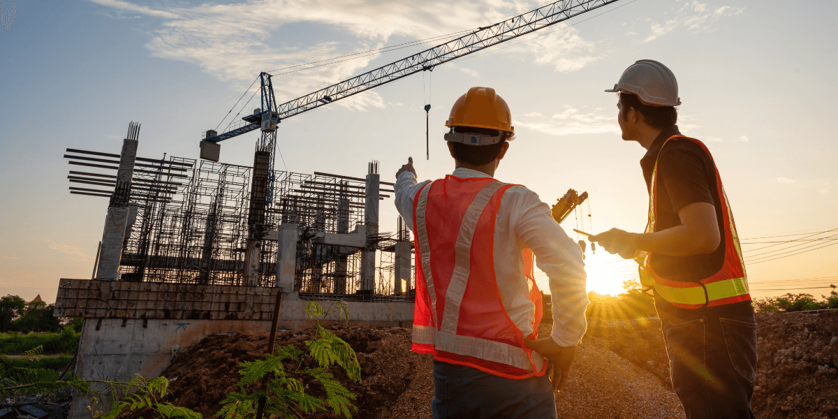Construction workers in safety vests inspect a residential building site with a tower crane at sunset.
