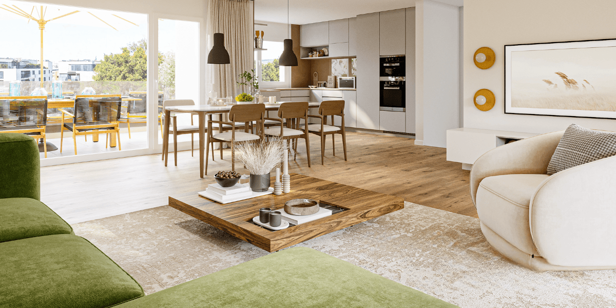 "Modern living room with green sofa, wooden coffee table, and natural lighting, showcasing high-quality real estate visual marketing by Dimitrov Visuals."
