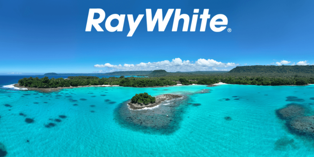 The image features a stunning Vanuatu beachfront with Ray White's branding, symbolizing luxury real estate and exclusive island living.