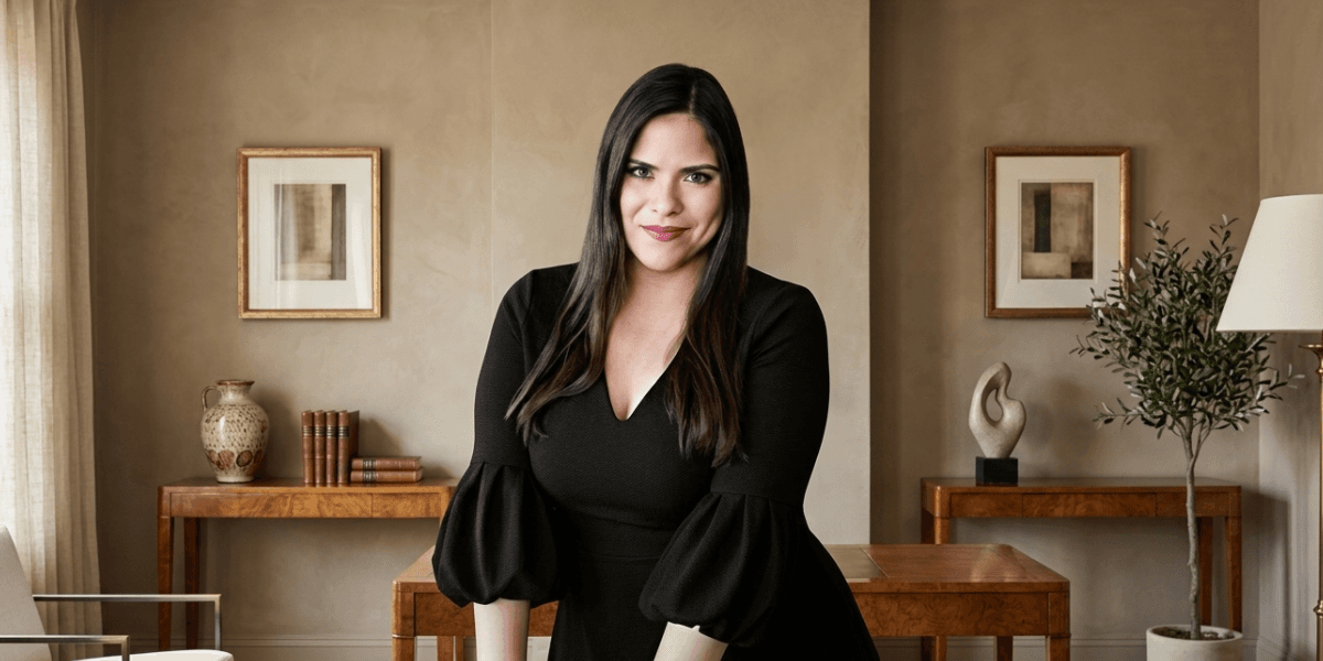Woman in a black dress poses confidently in a stylish interior setting
