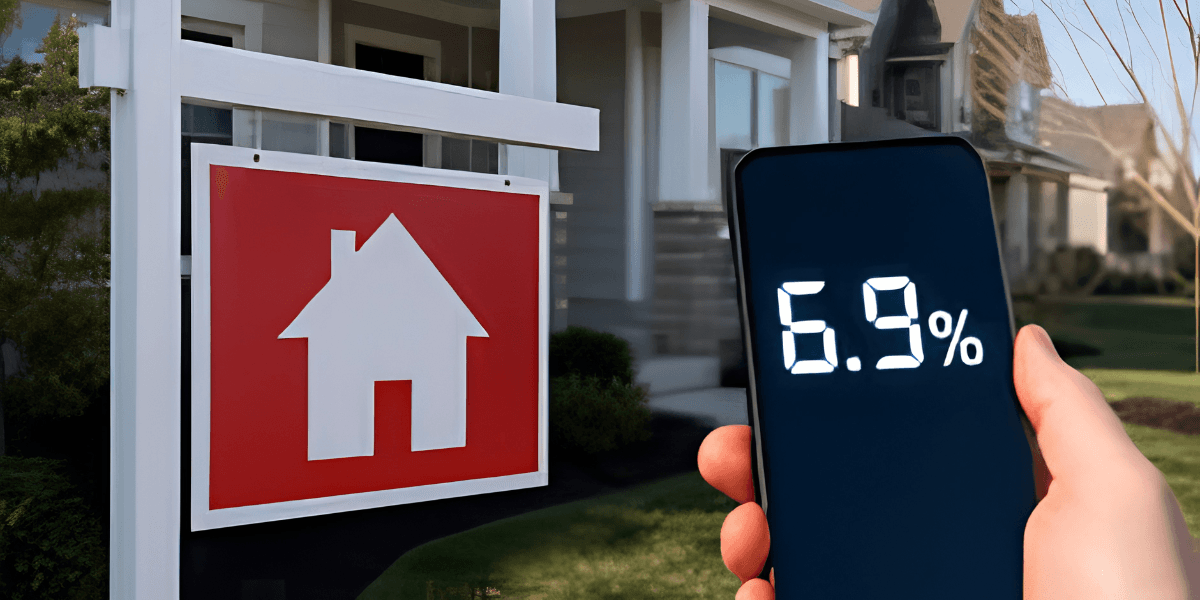 Hand holding a smartphone displaying 6.9% next to a for-sale house sign