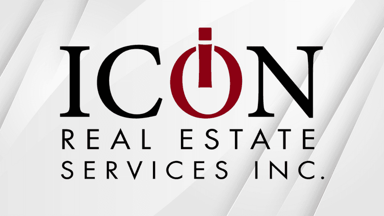 ICON Real Estate Services logo on a gray geometric background with a red power-button icon replacing the letter O.
