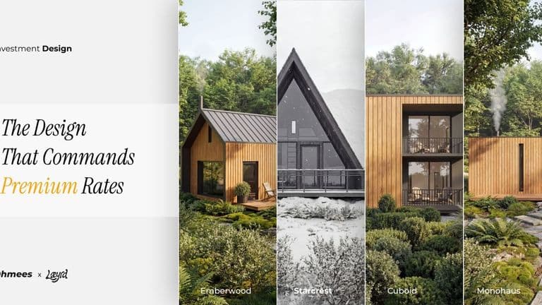 Modern cabin designs showcasing luxury short-term rental homes in forest settings with premium architectural styles.