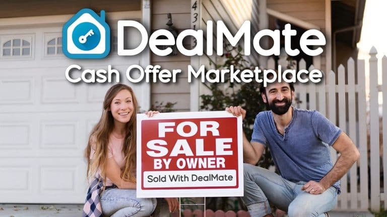A smiling couple kneels holding a "For Sale By Owner" sign in front of a house with a white garage door. Text overlay: "DealMate Cash Offer Marketplace."