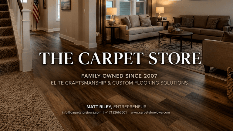 Family-owned Iowa flooring showroom featuring custom carpet, hardwood, and luxury vinyl installation services.