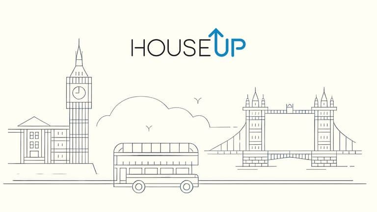 a minimalistic line drawing of iconic London landmarks, including Big Ben, Tower Bridge, and a double-decker bus.