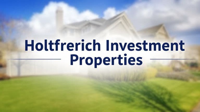 Holtfrerich Investment Properties logo over a blurred residential home with a green lawn.