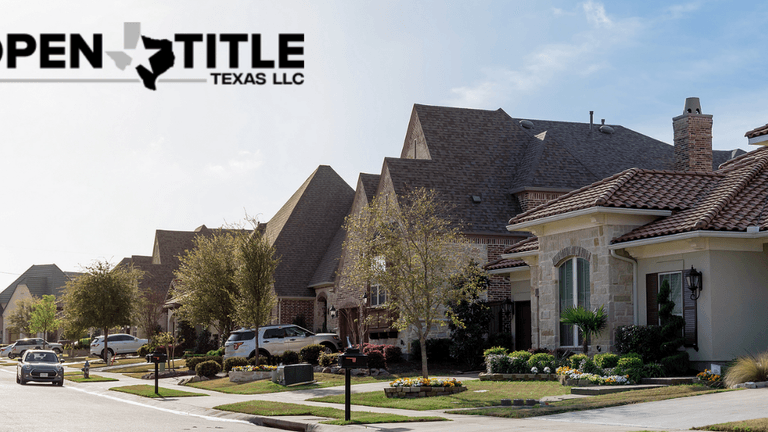 Open Title Texas logo with a view of suburban homes, representing the company's role in real estate title services and growth.