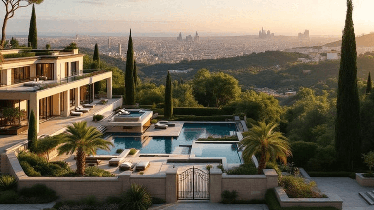 A luxurious villa with multiple pools, palm trees, and a panoramic view of the city and mountains at sunset.