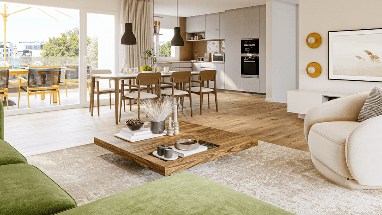 "Modern living room with green sofa, wooden coffee table, and natural lighting, showcasing high-quality real estate visual marketing by Dimitrov Visuals."