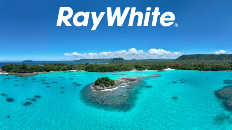 The image features a stunning Vanuatu beachfront with Ray White's branding, symbolizing luxury real estate and exclusive island living.