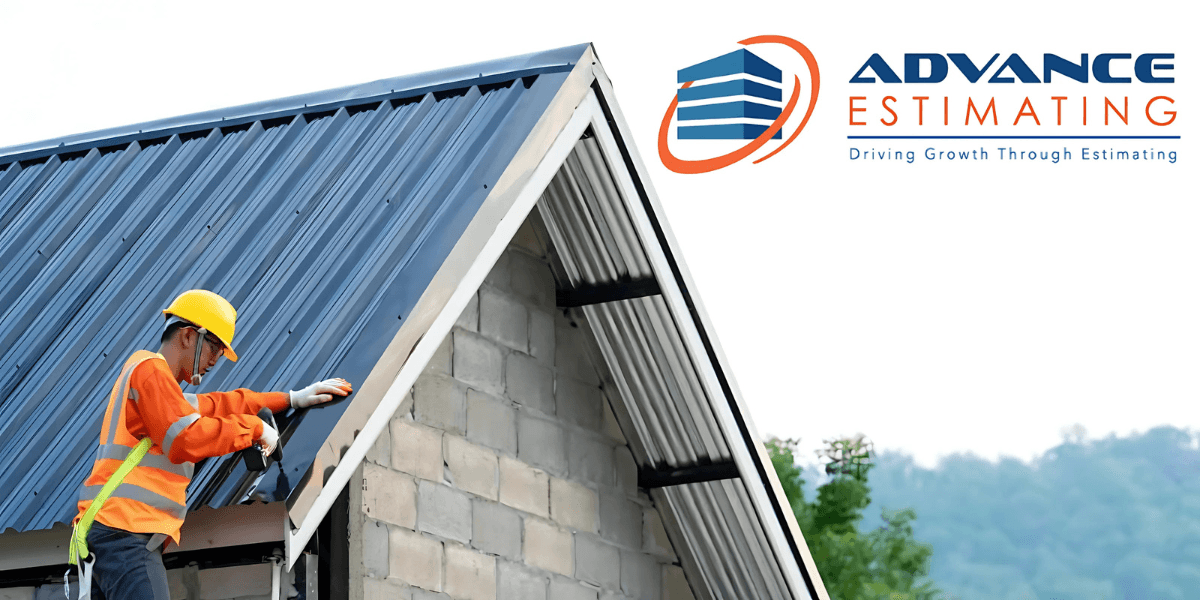 A worker in safety gear and a yellow helmet is installing roofing on a building under construction. The Advance Estimating logo is in the top right corner with the tagline 'Driving Growth Through Estimating.