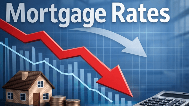 Graphic showing declining mortgage rates with a house, coins, and a calculator