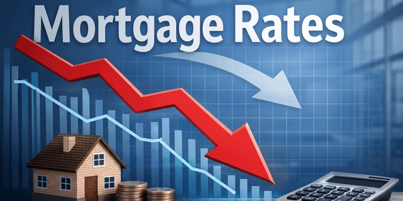 Graphic showing declining mortgage rates with a house, coins, and a calculator