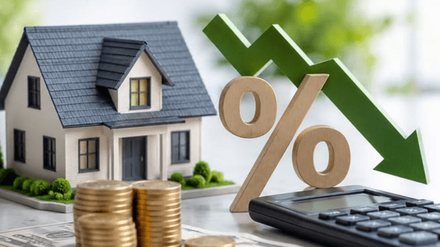 Model house, calculator, gold coins, and a downward percentage symbol on a desk
