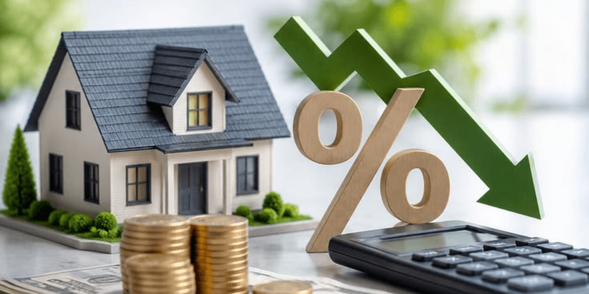 Model house, calculator, gold coins, and a downward percentage symbol on a desk