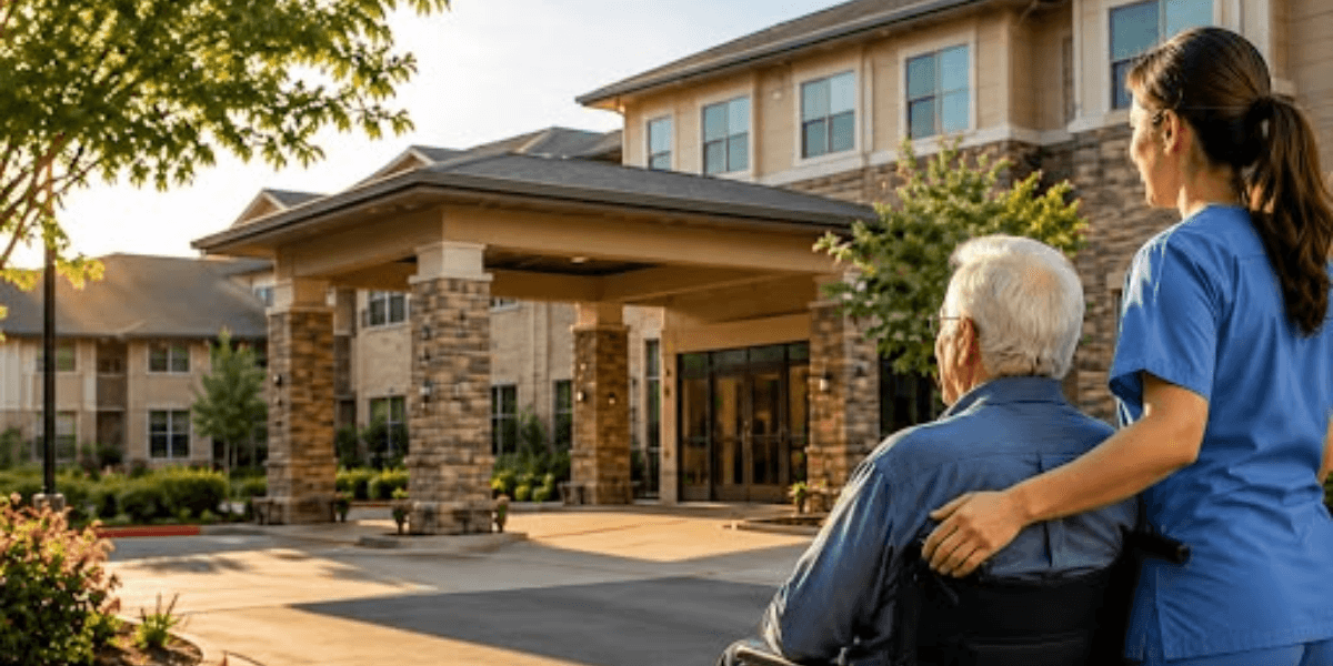A caregiver pushing a wheelchair-bound elderly man outside a senior living facility.