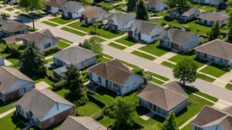 Aerial view of suburban neighborhood with well-maintained lawns and houses along a street