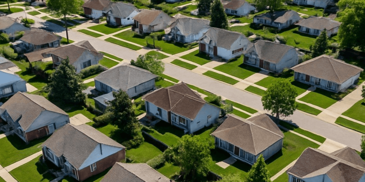 Aerial view of suburban neighborhood with well-maintained lawns and houses along a street