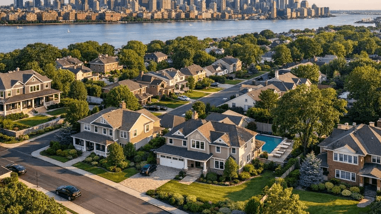 Aerial view of suburban homes with a city skyline and river in the background