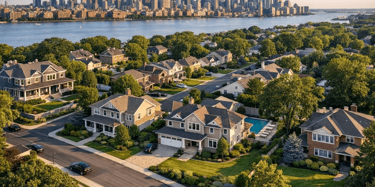 Aerial view of suburban homes with a city skyline and river in the background