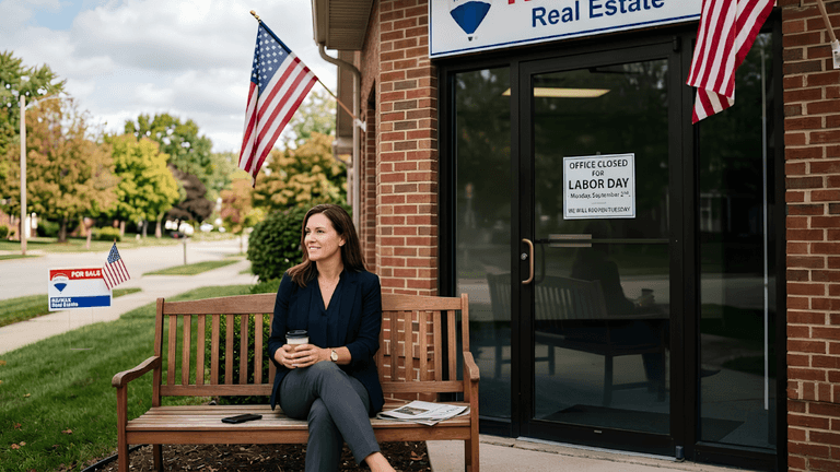 A woman sits on a bench outside a real estate office decorated with flags.