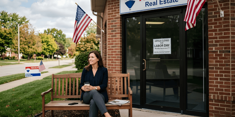 A woman sits on a bench outside a real estate office decorated with flags.