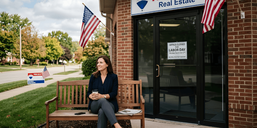 A woman sits on a bench outside a real estate office decorated with flags.
