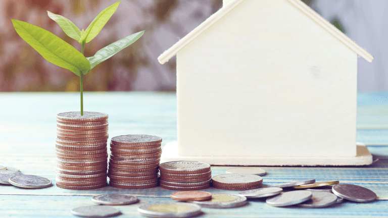Stacks of coins with a plant growing on top beside a wooden house model