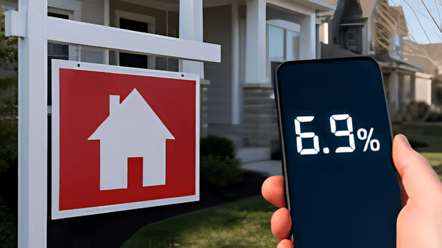 Hand holding a smartphone displaying 6.9% next to a for-sale house sign