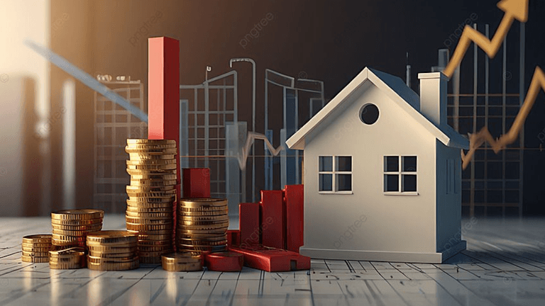 Coins and a model house with rising graphs representing real estate investment growth