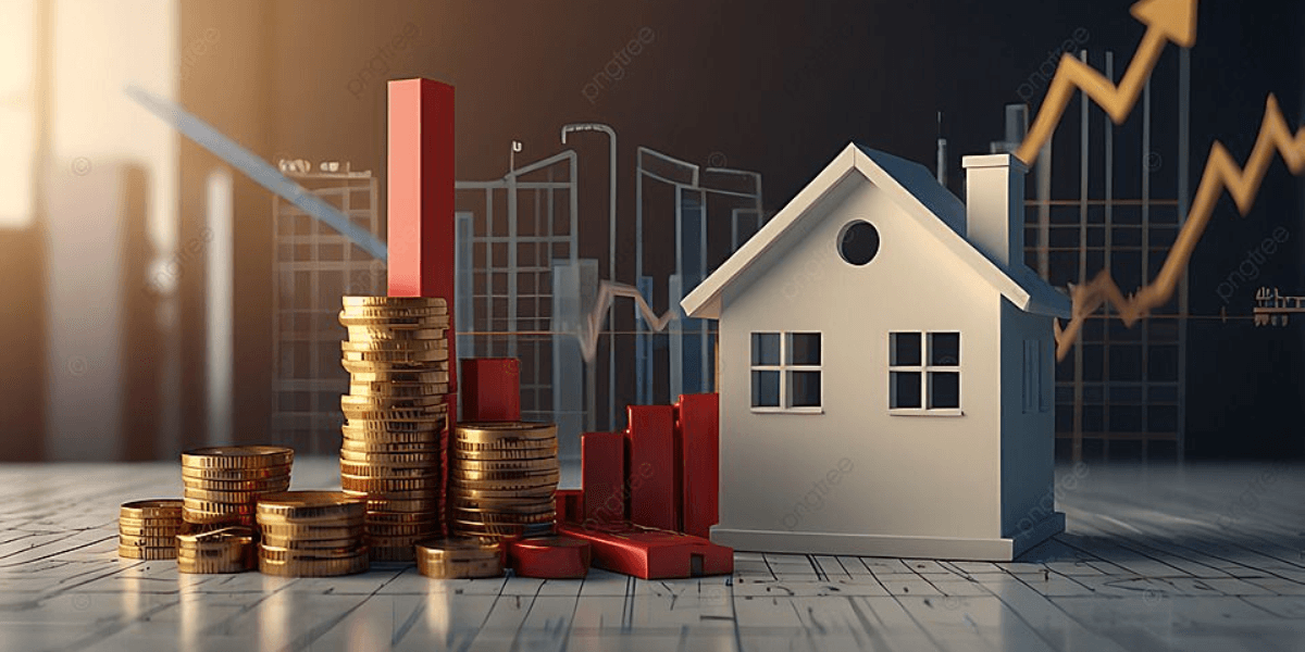Coins and a model house with rising graphs representing real estate investment growth