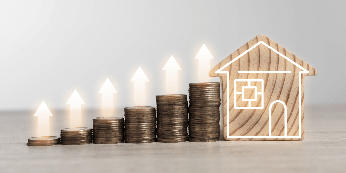 Stacks of coins with an upward trend and a wooden house icon