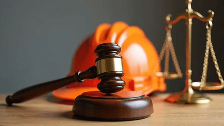 A wooden gavel beside an orange hard hat and a golden scale of justice