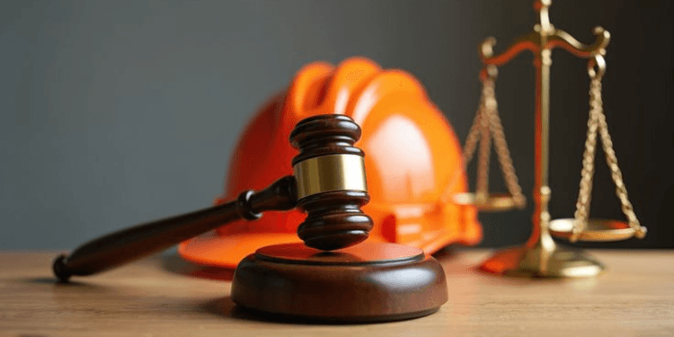 A wooden gavel beside an orange hard hat and a golden scale of justice