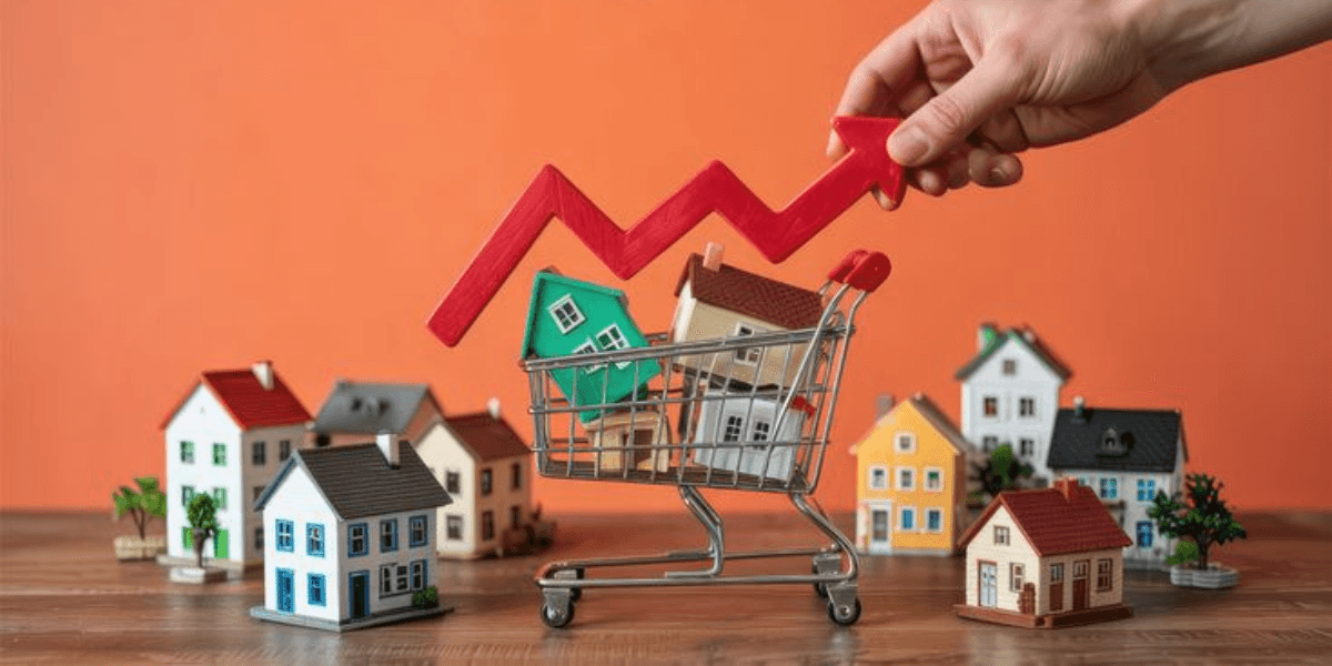 Hand placing a red upward arrow over a shopping cart filled with miniature houses