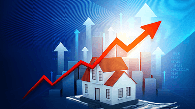 A house model with a rising arrow and graphs indicating increasing market trends