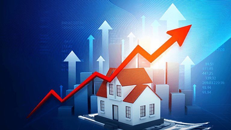 A house model with a rising arrow and graphs indicating increasing market trends