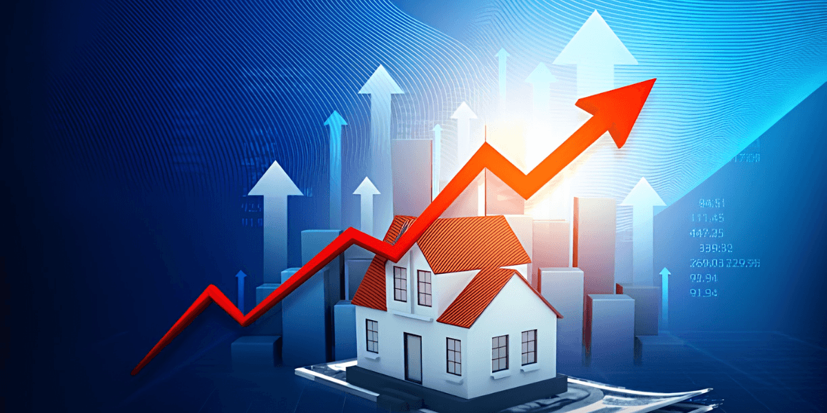 A house model with a rising arrow and graphs indicating increasing market trends