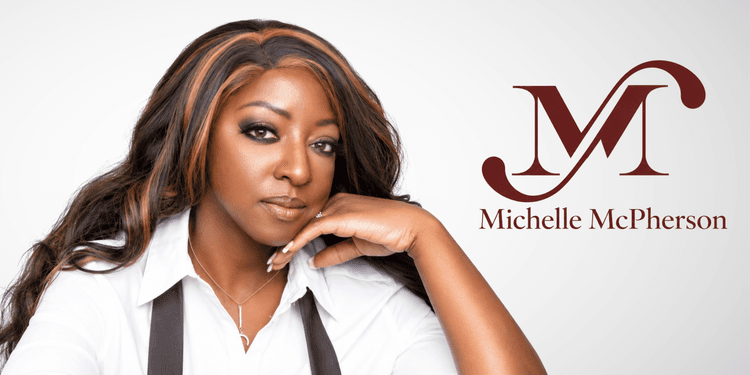 A woman with long hair poses thoughtfully, alongside the name "Michelle McPherson" and a logo.