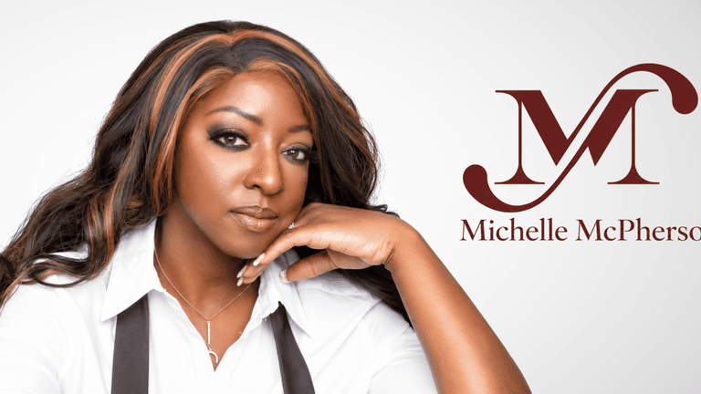 A woman with long hair poses thoughtfully, alongside the name "Michelle McPherson" and a logo.