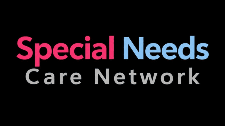 Logo of Special Needs Care Network with bold colored text on a black background