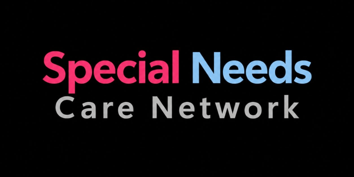 Logo of Special Needs Care Network with bold colored text on a black background