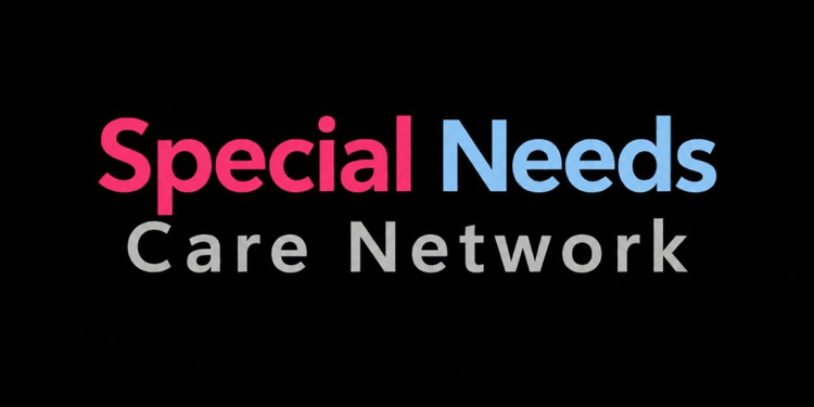Logo of Special Needs Care Network with bold colored text on a black background