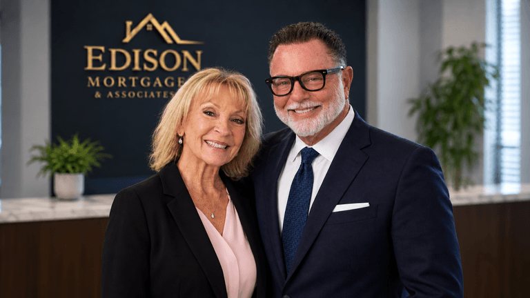 Two professionals smiling together in an office setting with a company logo behind them