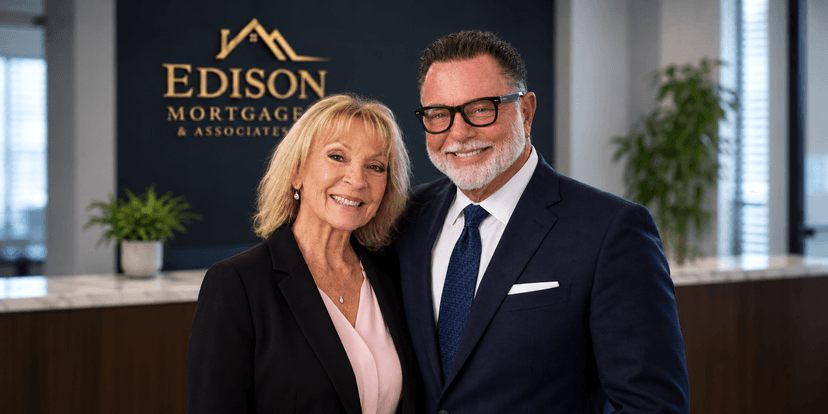 Two professionals smiling together in an office setting with a company logo behind them